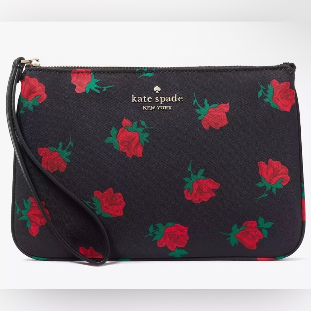 NWOT - Kate Spade Chelsea Black Rose Toss Printed Medium Wristlet Pouch